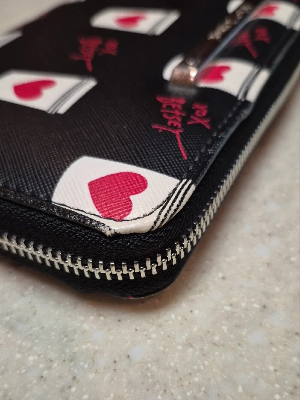 Betsey Johnson Black Wristlet Wallet with Pink Heart Coffee Cups